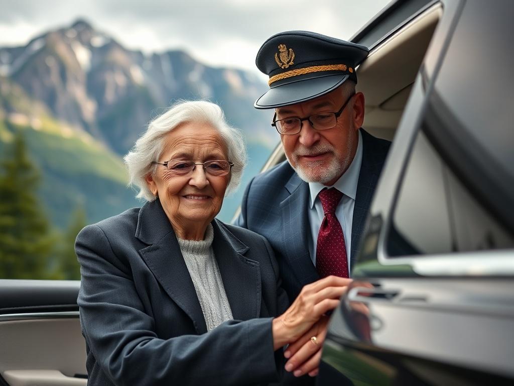 A high-resolution photo of a professional chauffeur assisting an elderly person into a luxury vehicle, set against a scenic mountain backdrop. The chauffeur should be wearing a formal suit, and the elderly person should look comfortable and assured. The composition should focus closely on the interaction between the chauffeur and the passenger, capturing a moment of care and respect.