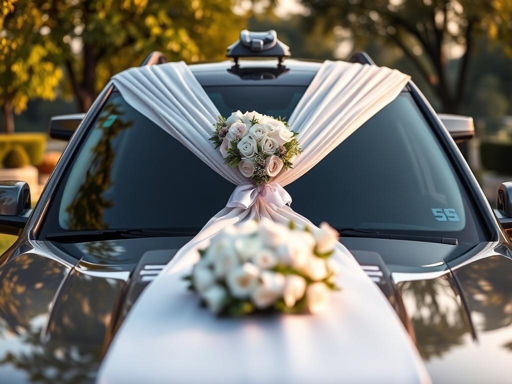 A hyper-realistic close-up shot of a Chevrolet Suburban decorated for a special event, such as a wedding. The background should reflect a beautiful outdoor setting, emphasizing the elegance of the vehicle and the celebratory atmosphere.