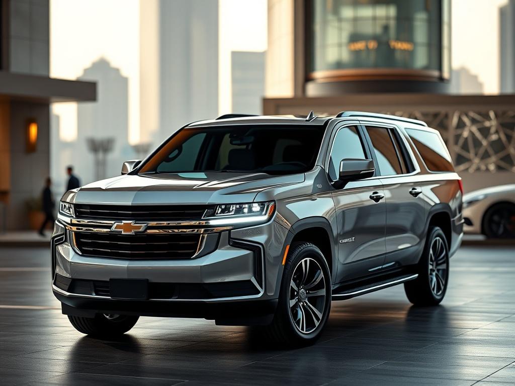 A hyper-realistic close-up shot of a Chevrolet Suburban in a luxurious setting, highlighting its sleek design and high-quality interior. The background should be an elegant urban environment, showcasing the vehicle's luxury appeal. The composition should focus solely on the Suburban, capturing its elegance and sophistication.