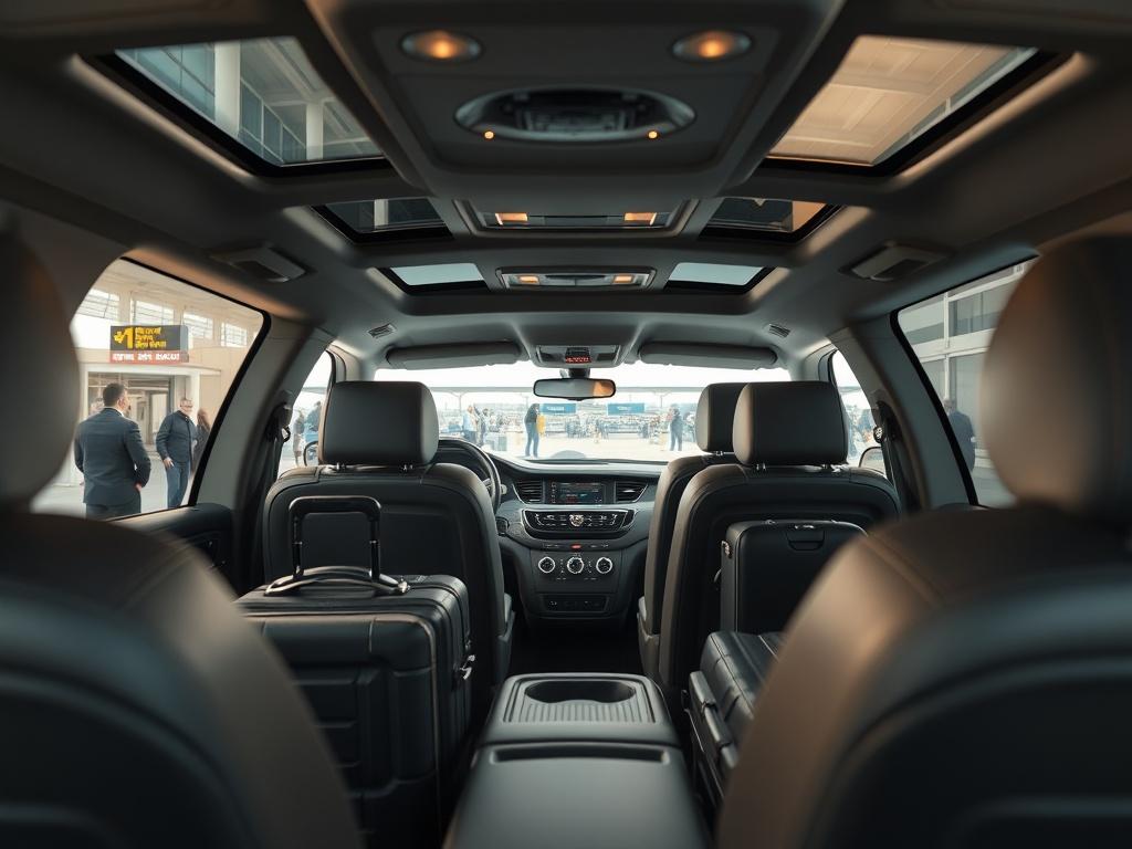A  Chevrolet Suburban, ready for an airport transfer, parked at a terminal with luggage and a friendly driver waiting. The image captures the spacious interior and luxurious features of the vehicle, set against a busy airport backdrop. The focus is on the comfort and readiness of the vehicle for passengers. Shot with a 45mm f/1.2 lens to highlight the details.