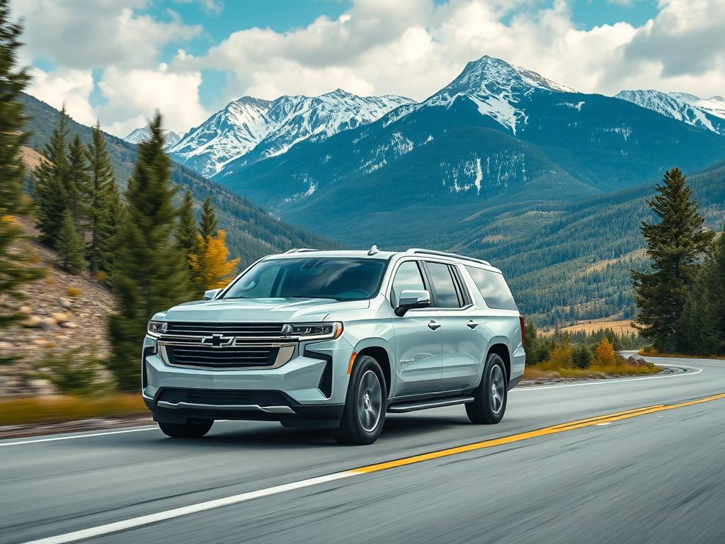 A luxurious  Chevrolet Suburban on a scenic mountain route, surrounded by stunning views of Aspen's landscape. The focus is on the vehicle driving through picturesque scenery, highlighting its elegance and comfort. The atmosphere should evoke adventure and exploration, captured with a 45mm f/1.2 lens.