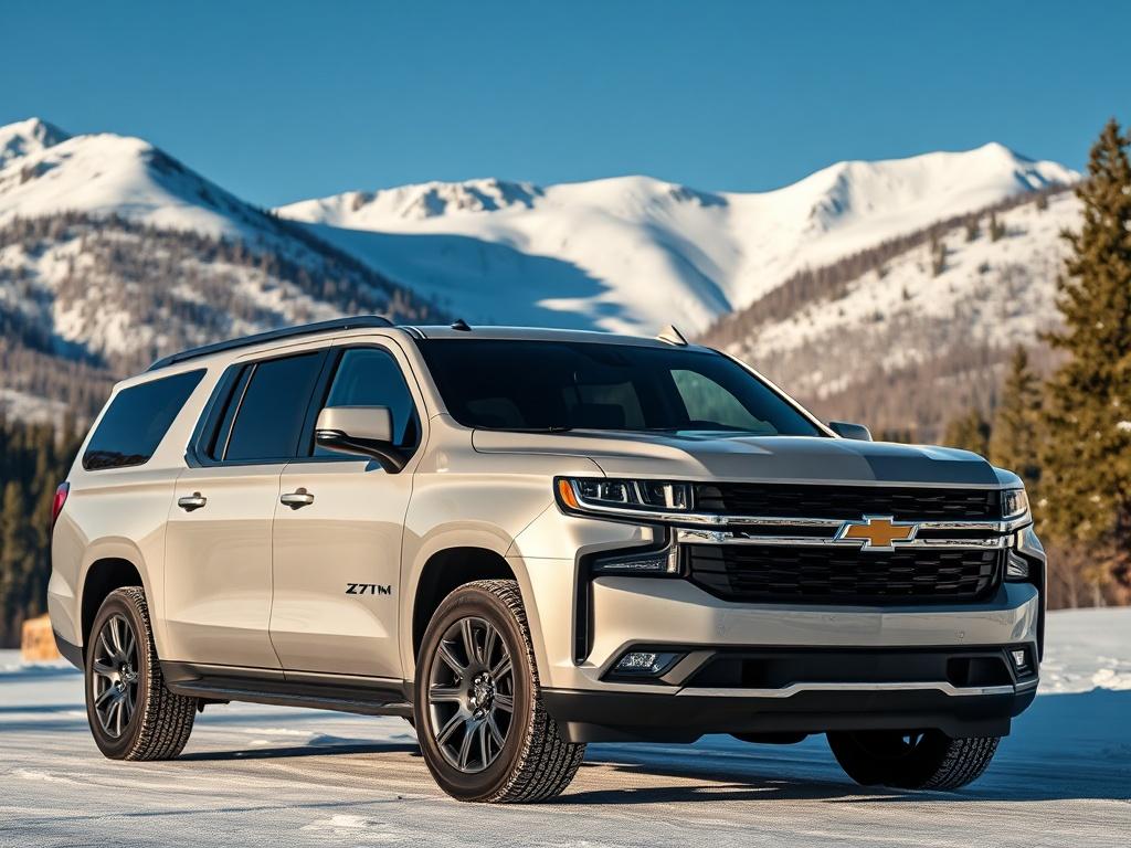 A high-resolution photo of a 2025 Chevrolet Suburban Z71 parked in the snowy mountains of Aspen, Colorado. The truck should be the main focus, showcasing its sleek design and rugged features. The background should display a stunning winter landscape with snow-covered peaks and pine trees, under a clear blue sky. The composition should be simple and clear, highlighting the vehicle against the beautiful natural scenery.