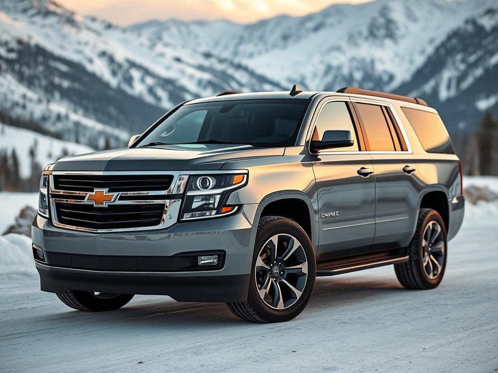 A Chevrolet Suburban luxury vehicle parked in a scenic Aspen backdrop, showcasing its elegant design. The focus should be on the vehicle's sleek lines and spacious interior, with the snow-capped mountains in the background. The lighting should accentuate the vehicle's shiny exterior, creating a hyper-realistic close-up shot that evokes a sense of luxury and adventure.