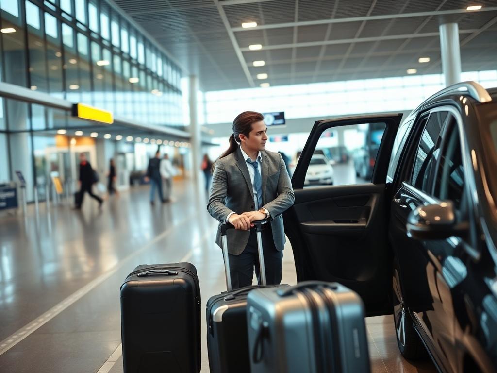 A professional driver assisting a passenger with luggage at an airport terminal. The background shows the busy airport environment, while the focus is on the driver’s welcoming demeanor and the high-end vehicle parked nearby, emphasizing safety and efficiency.