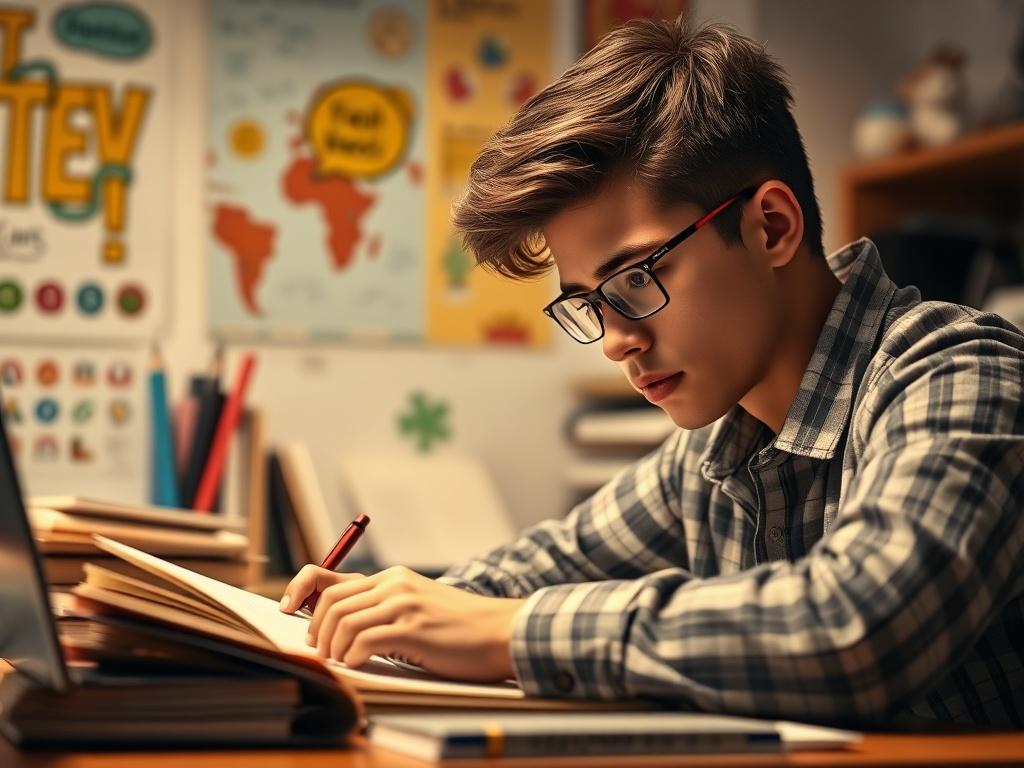 A close up shot of a determined student studying at