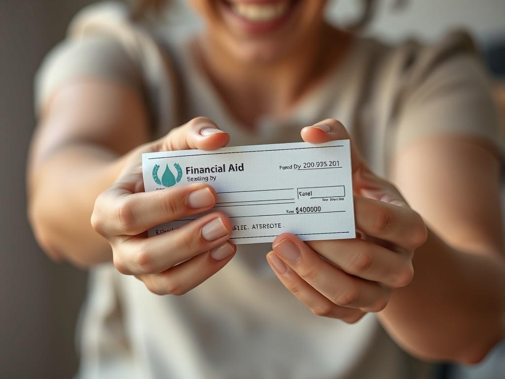 An image of hands receiving a financial aid check, with