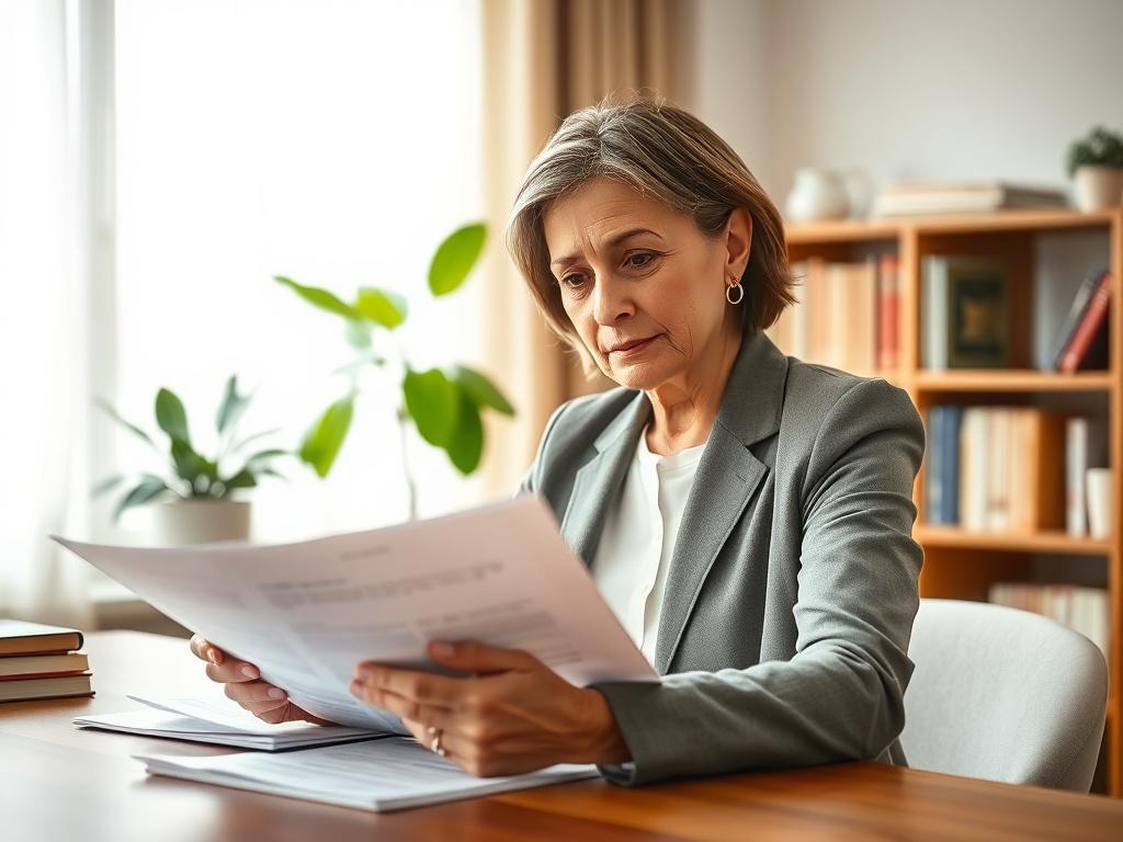 Create a realistic high-resolution photo depicting a thoughtful individual sitting at a wooden desk in a well-lit room, surrounded by warm, inviting colors. The main subject should be a middle-aged woman with an expression of contemplation, reviewing documents that represent health grant applications. She is dressed in professional attire, reflecting a sense of purpose and determination. In her hands, she holds a pen, ready to jot down notes or ideas.

The background should feature a soft-focus bookshelf li