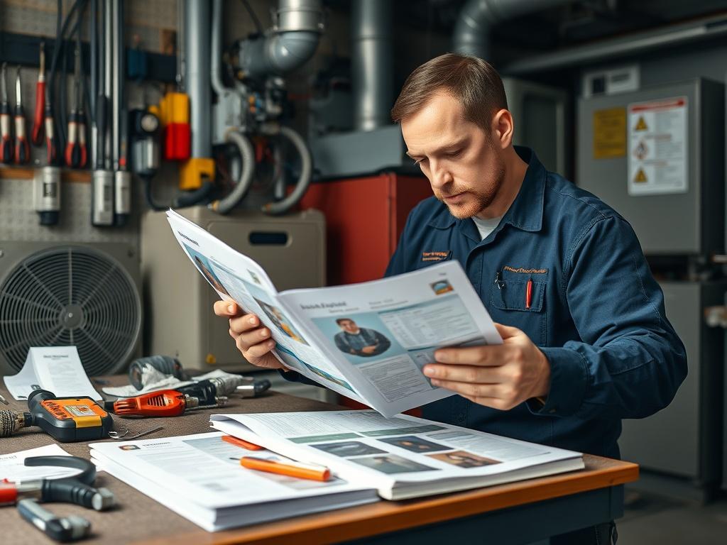 A realistic close up shot of an HVAC technician reviewing