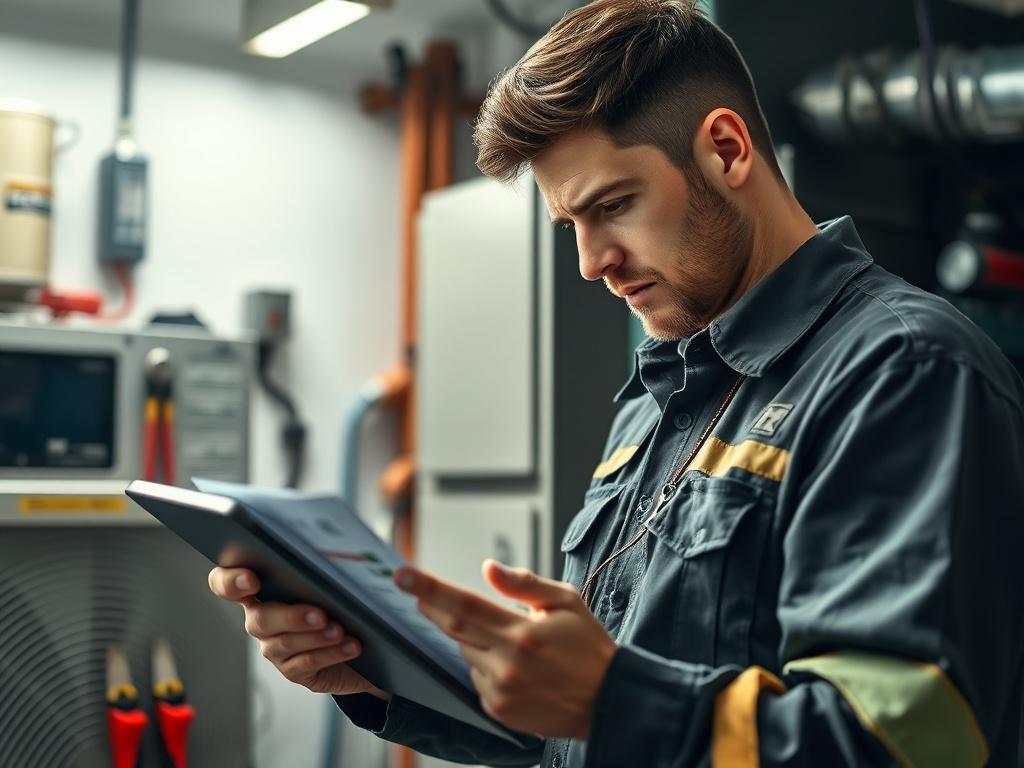 A close up of a technician analyzing a troubleshooting guide
