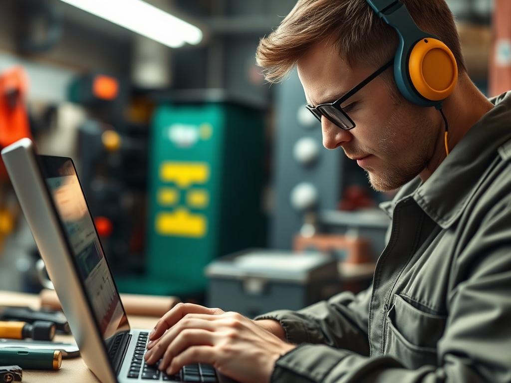 A close up shot of a technician using a laptop,