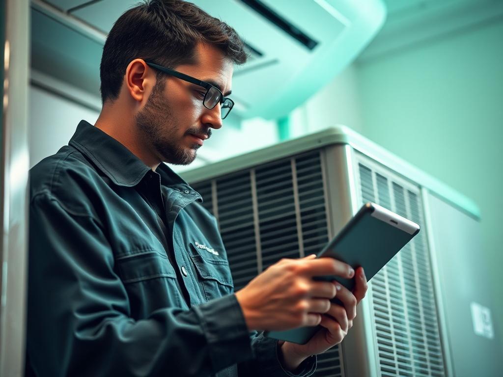 A hyper-realistic close-up shot of an HVAC technician working on an air conditioning unit. The technician is wearing a branded uniform and using a digital tablet to troubleshoot a problem. The background is slightly blurred to emphasize the technician and the air conditioning unit, with vibrant green tones reflecting the primary color rgb(50, 170, 39). The focus should be sharp on the technician's hands and the tablet, showcasing a sense of professionalism and expertise.