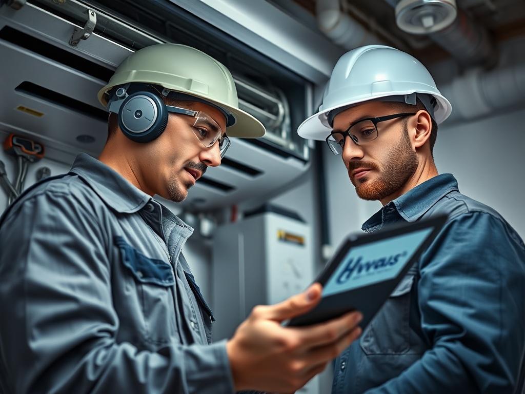 A hyper-realistic close-up shot of a skilled HVAC technician working on an air conditioning unit. The technician is focused, wearing appropriate safety gear, and using a digital tablet to access HVAC Nexus. The background is a clean, modern workspace, with tools and HVAC equipment visible, creating an atmosphere of professionalism and expertise. The lighting highlights the technician's concentration and the advanced technology being utilized.
