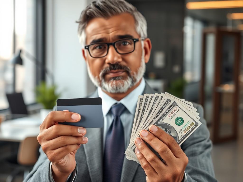 **AI Image Generation Prompt:**

Create a hyper-realistic high-resolution photo that visually represents the blog titled "The Pros and Cons of Getting Instant Cash on Your Credit Card." 

**Composition:** 
The image should be centered around an individual holding a credit card in one hand and a stack of cash in the other, symbolizing the concept of instant cash from credit cards. The subject should be well-dressed, conveying professionalism and trust. 

**Subject Matter:** 
The focus should be on a middle-a