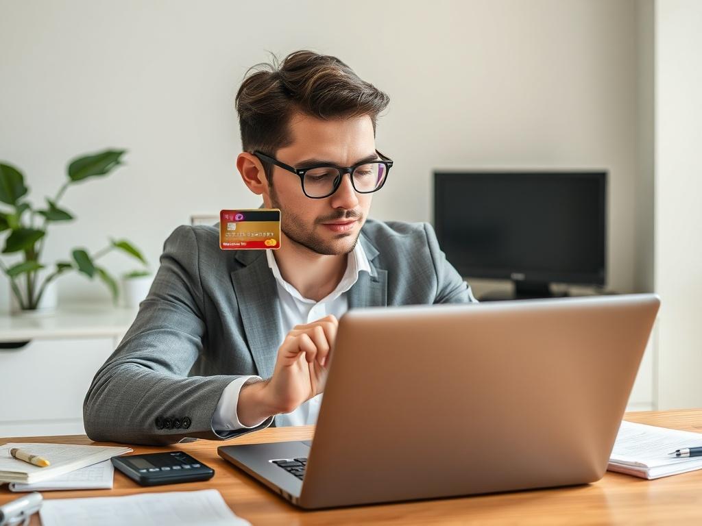 **AI Image Generation Prompt:**

Create a realistic high-resolution photo that vividly encapsulates the theme of "Cash on Credit Cards Explained: Is It Right for Your Financial Situation?" The image should feature a single subject: a professional-looking person sitting at a well-organized desk, focused on their laptop while carefully considering their financial options. The individual should be holding a credit card in one hand, with a thoughtful expression, illustrating the decision-making process involved