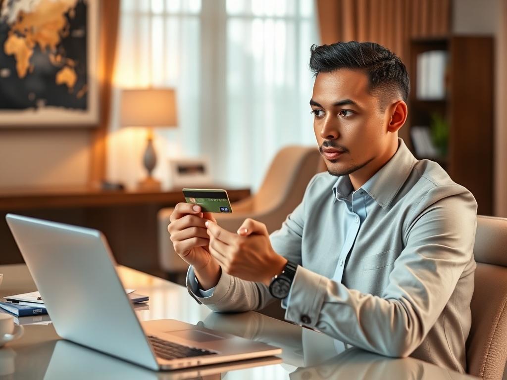 **Prompt for AI Image Generation:**

Create a realistic high-resolution photograph that embodies the theme of the blog titled "Is Spot Cash on Your Credit Card Right for You? Key Considerations." The composition should be simple and clear, featuring a single subject to keep the focus sharp and relevant. 

The subject of the image should be a confident, professional individual sitting at a sleek, modern desk, engaging with a credit card, while contemplating their financial options. Their expression should ev