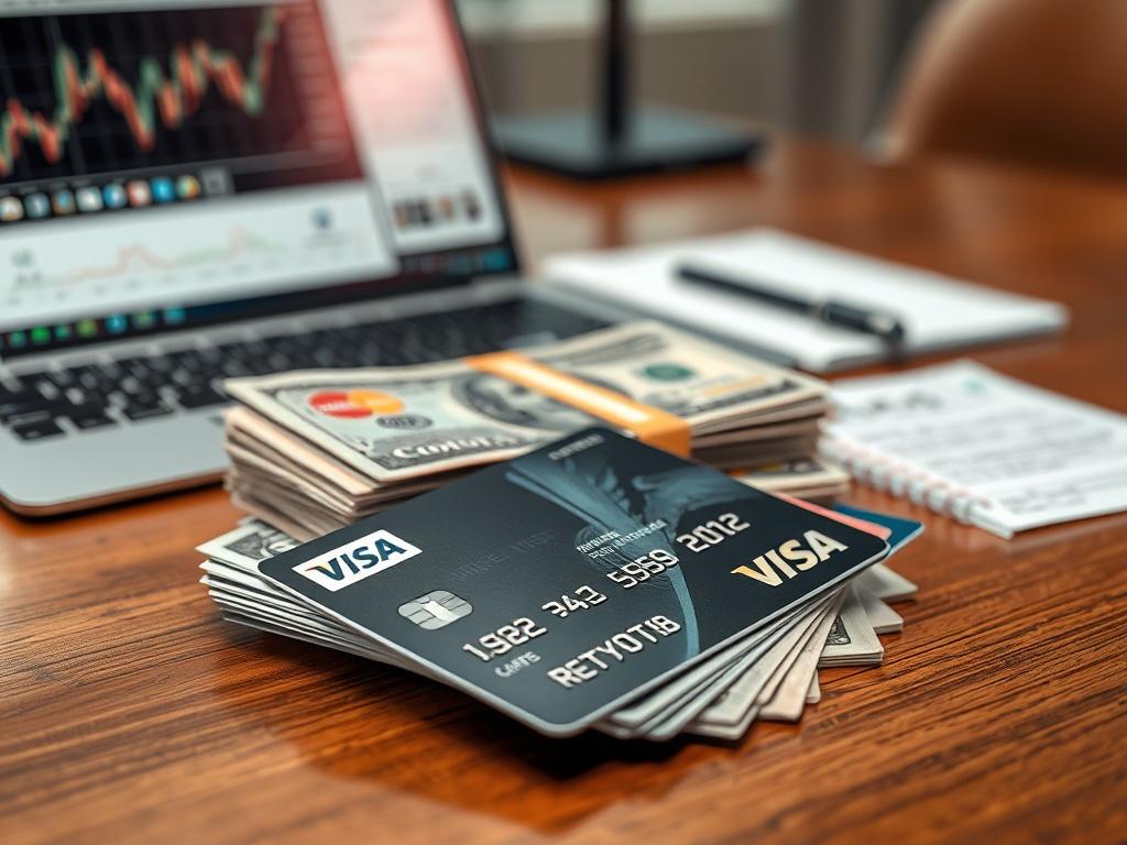 **Prompt for AI Image Generation:**

Create a highly detailed and realistic high-resolution photograph that encapsulates the essence of a financial analysis blog titled "Navigating the World of Spot Cash on Credit Cards: A Formal Analysis." The image should feature a single subject: a neatly arranged stack of various credit cards (Visa, Mastercard, etc.) and cash, placed on a polished wooden desk. 

In the foreground, focus on a credit card that is slightly angled to show its details clearly, with crisp, vi