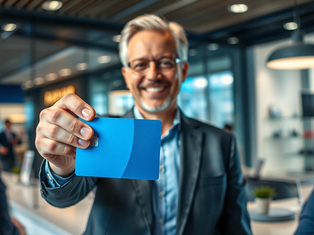 **AI Image Generation Prompt:**

Create a realistic high-resolution photo featuring a close-up shot of a single person confidently handing over a credit card to an unseen cashier at a vibrant, modern service counter. The subject should be a middle-aged individual, dressed professionally, with a warm smile that radiates trust and approachability, reflecting the welcoming atmosphere of a financial service provider. 

He or she should be positioned slightly off-center, with the credit card being the focal poin