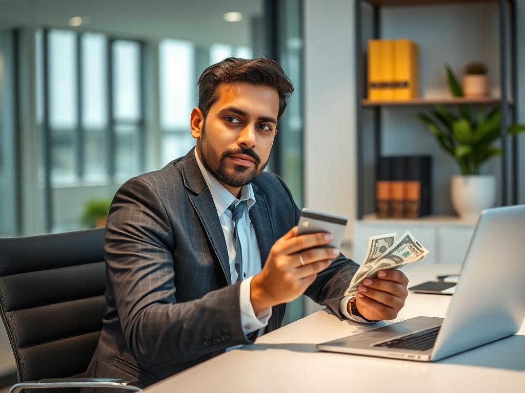 **AI Image Generation Prompt:**

Create a highly detailed and realistic high-resolution photo that captures the essence of a blog titled "The Pros and Cons of Cash Against Credit Card: What You Need to Know." The composition should be simple and clear, focusing on a single subject. 

**Subject Matter:**  
Depict a confident financial advisor sitting at a sleek, modern desk with a thoughtful expression, engaging with a credit card and cash in hand. The advisor, a South Asian male, is dressed in smart profess