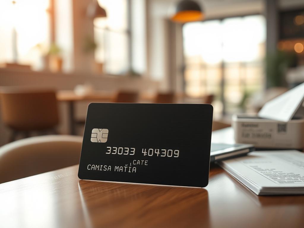 **AI Image Generation Prompt:**

Create a realistic high-resolution photo focusing on a single subject: a sleek, modern credit card, prominently displayed in the foreground. The credit card should be shown from a slightly angled perspective to highlight its details, such as the card number and holographic features, while keeping the design generic and avoiding brand logos. 

In the background, compose a softly blurred setting that suggests a modern financial office or a cozy, stylish cafe, with hints of war