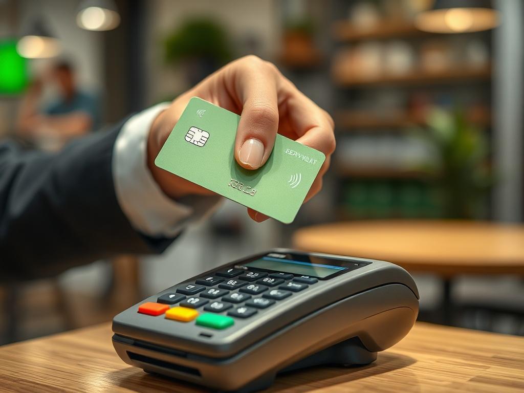 Create a realistic, high-resolution photo that captures the essence of cash transactions facilitated through credit card swipes. The composition should be straightforward and clear, featuring a single subject: a hand holding a sleek credit card, poised above a modern point-of-sale terminal. The terminal should be well-lit, showcasing the card's magnetic stripe and chip details, while the background remains slightly blurred, suggesting a bustling environment like a café or retail store, without drawing atten