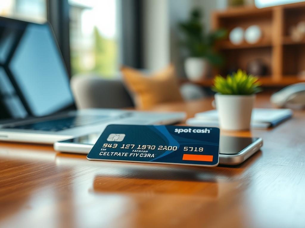 **Prompt for AI Image Generation:**

Create a realistic high-resolution photo that encapsulates the theme "Understanding Spot Cash on Credit Cards: A Comprehensive Guide for Consumers." The focal point of the image should be a close-up of a single credit card, elegantly placed on a polished wooden table. The card should visually represent the concept of cash access—consider showcasing a slight sheen or metallic finish to convey value and sophistication.

In the background, use a softly blurred setting, depi
