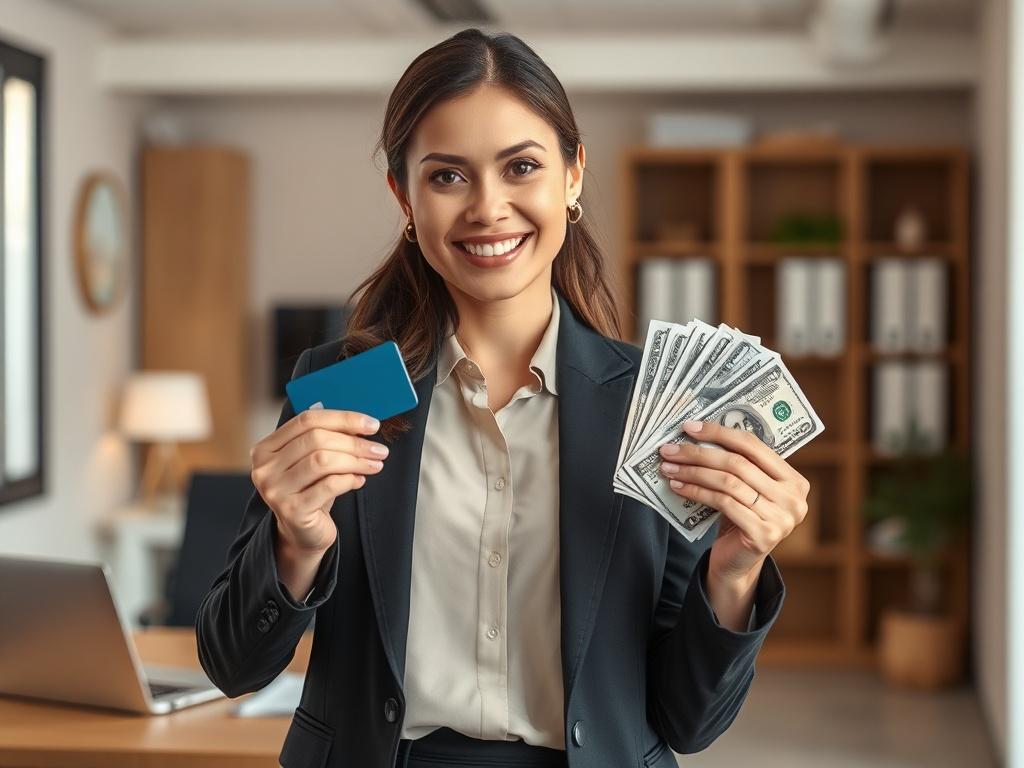 **Prompt for AI Image Generation:**

Create a realistic high-resolution photo that reflects the theme of the blog titled "Exploring Cash Against Credit Card Options: A Step-by-Step Approach." The image should feature a single subject: a confident and professional-looking businesswoman in business attire, standing in a well-lit office environment. She should be holding a credit card in one hand and a stack of cash in the other, smiling confidently as if she is demonstrating the concept of cash against credit