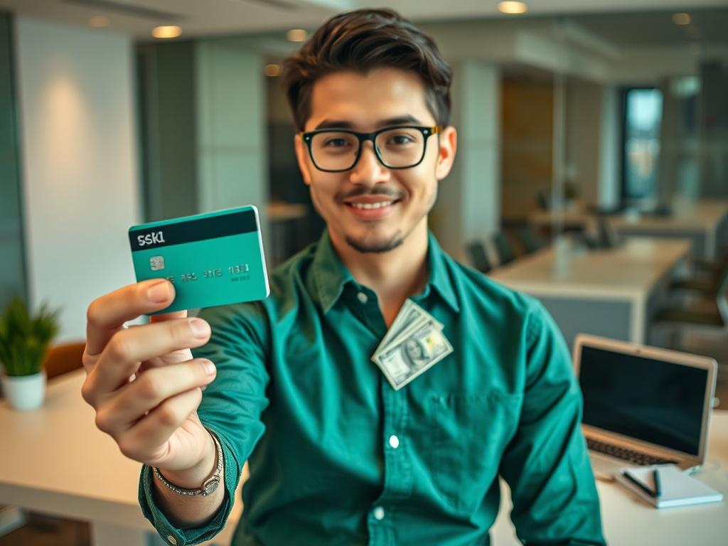 **AI Image Generation Prompt:**

Create a highly realistic, high-resolution photograph that captures the essence of financial transactions involving cash against credit card services. The composition should feature a single subject, a confident young professional holding a credit card in one hand and a wad of cash in the other, symbolizing the transaction process. The subject should be positioned in the center of the image with a focused expression, reflecting both the benefits and risks of this service.

T