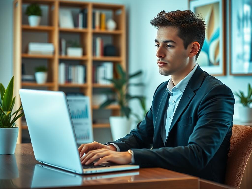 Create a realistic high-resolution photo that reflects the theme of the blog titled "Navigating Instant Cash on Your Credit Card: Essential Insights for Borrowers." The image should feature a single subject: a confident young professional, male or female, seated at a modern desk with a laptop open in front of them. The individual should be dressed in business attire, looking thoughtfully at the screen, conveying a sense of focus and determination. 

In the foreground, the laptop screen displays a simple fin