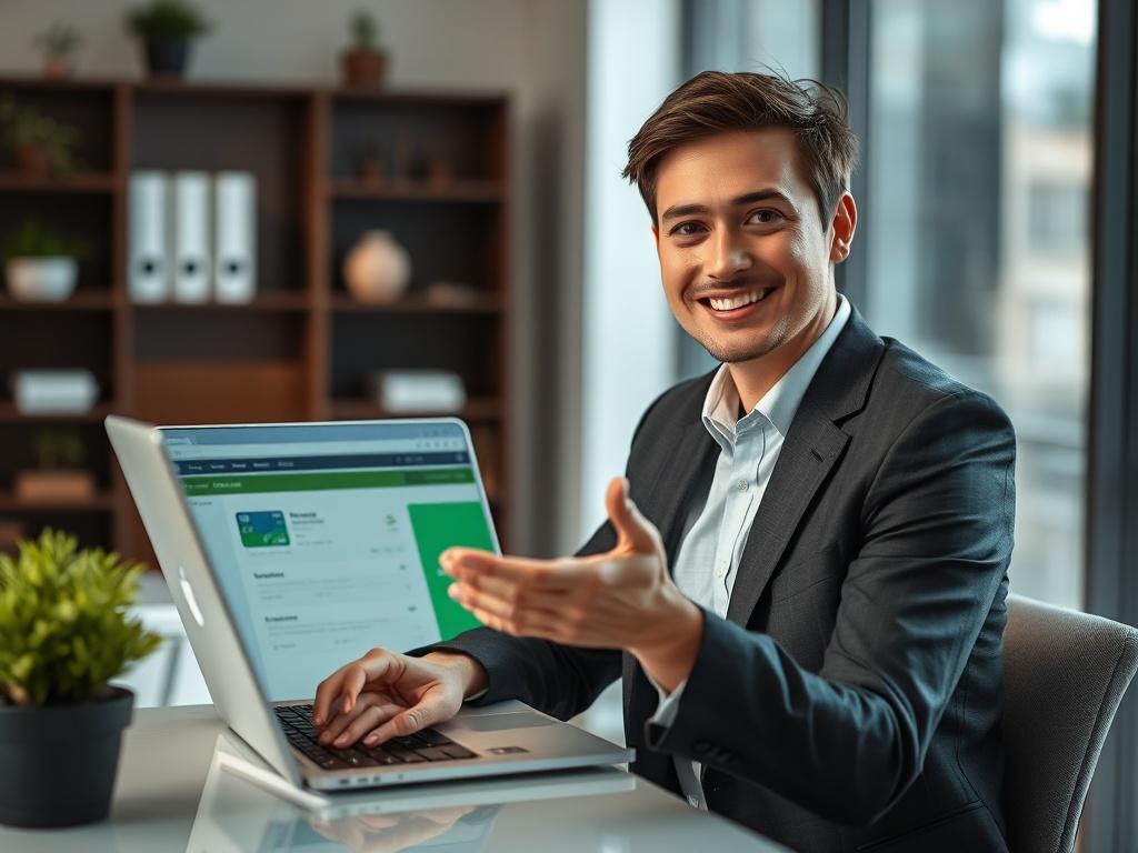 **AI Image Generation Prompt:**

Create a realistic high-resolution photo that reflects the blog titled "Navigating the Financial Landscape: Instant Cash Withdrawals from Your Credit Card." The composition should be simple and clear, featuring a single subject: a poised person, a financial consultant, seated at a modern desk with a laptop, displaying a look of confidence and assurance. 

The subject should be in the foreground, dressed in professional attire, with an inviting smile as they demonstrate the e