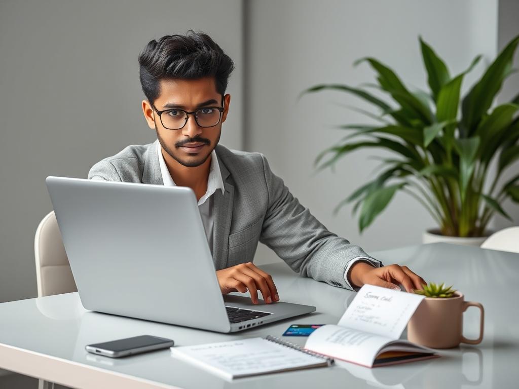 **AI Image Generation Prompt:**

Create a realistic, high-resolution photo depicting a confident young professional sitting at a sleek, modern desk, engaged in using a laptop to navigate their finances. The subject should be a South Asian male or female, dressed in smart-casual attire, focused intently on the screen, showcasing a sense of responsibility and professionalism. Surround the individual with personal items like a smartphone, a credit card, and a notepad with handwritten tips for managing cash aga