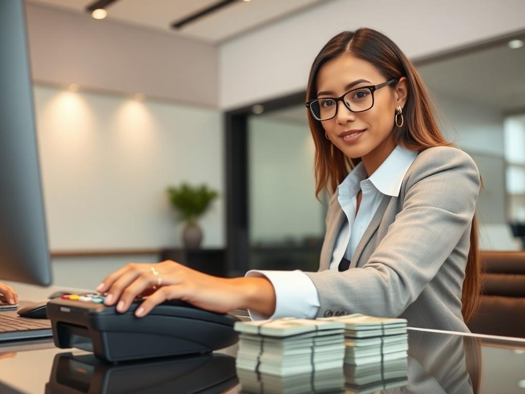 Create a high-resolution, realistic photograph that visually represents the blog titled "How to Effectively Manage Spot Cash Transactions on Credit Cards." The composition should feature a close-up shot of a confident, well-dressed business professional managing cash transactions at a sleek, modern workstation. The subject should be focused on a credit card terminal and a stack of cash neatly organized on the desk, symbolizing efficiency and professionalism in financial transactions.

Ensure the background 