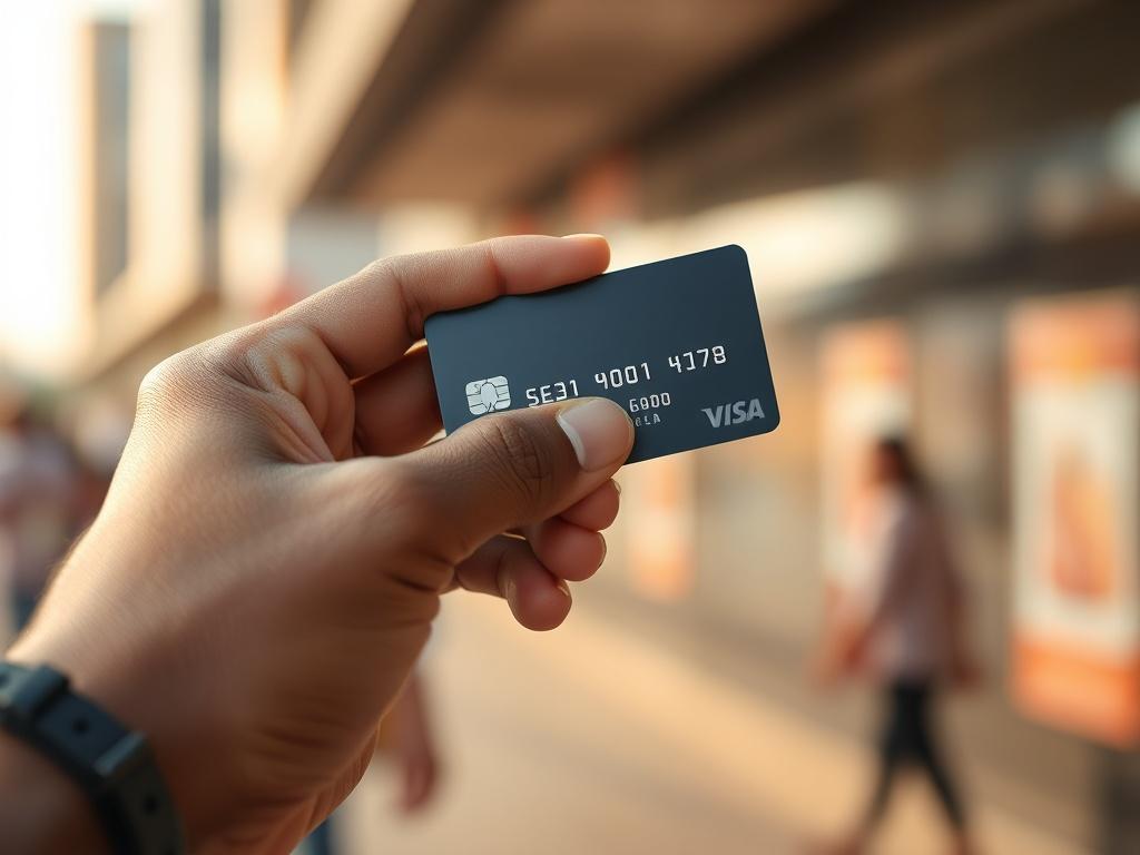 **AI Image Generation Prompt:**

Create a realistic high-resolution image that visually represents the concept of "Spot Cash on Credit Cards." The composition should feature a close-up shot of a well-defined hand holding a credit card in a casual, confident manner. The card should be glossy and reflect natural light, showcasing its embossed details. Ensure the focus is entirely on the hand and card, with a soft, blurred background that subtly suggests an urban environment, evoking the city of Chennai withou