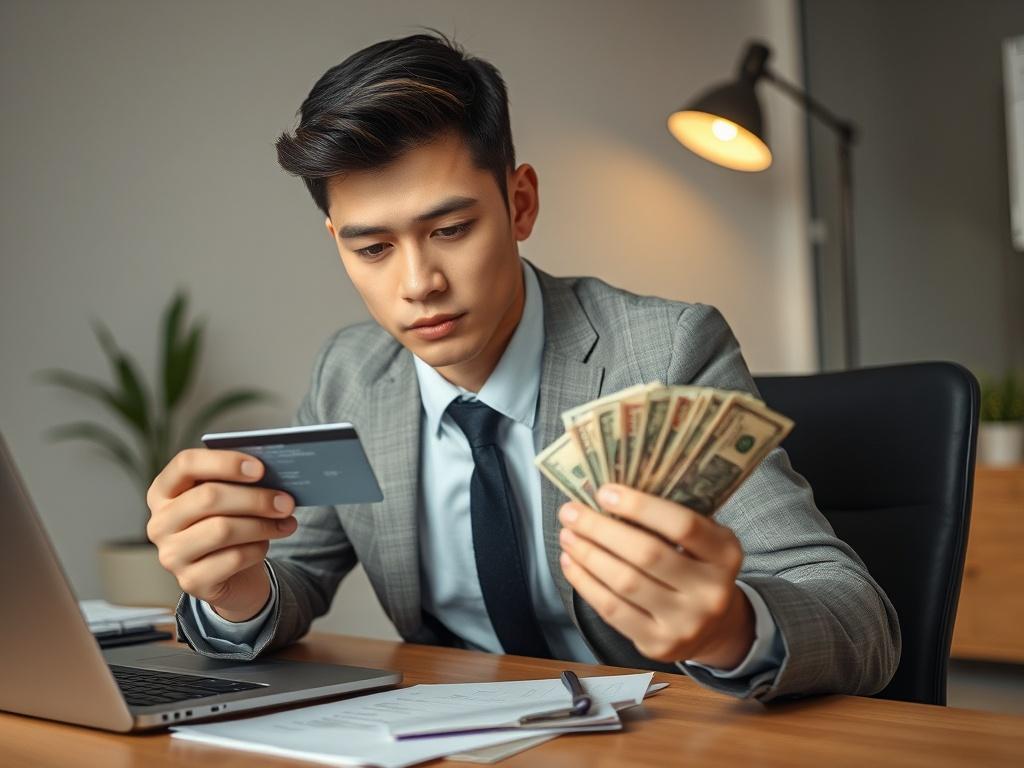 **Prompt for AI Image Generation:**

Create a realistic high-resolution photo that captures the subject of a person navigating the complexities of cash on credit cards. The focal point of the image should be a well-dressed individual, seated at a modern desk, examining a credit card and a stack of cash in their hands. The individual, a young professional with an engaged expression, should be portrayed in thoughtful contemplation, reflecting on the choices of utilizing cash against credit cards.

The backgro