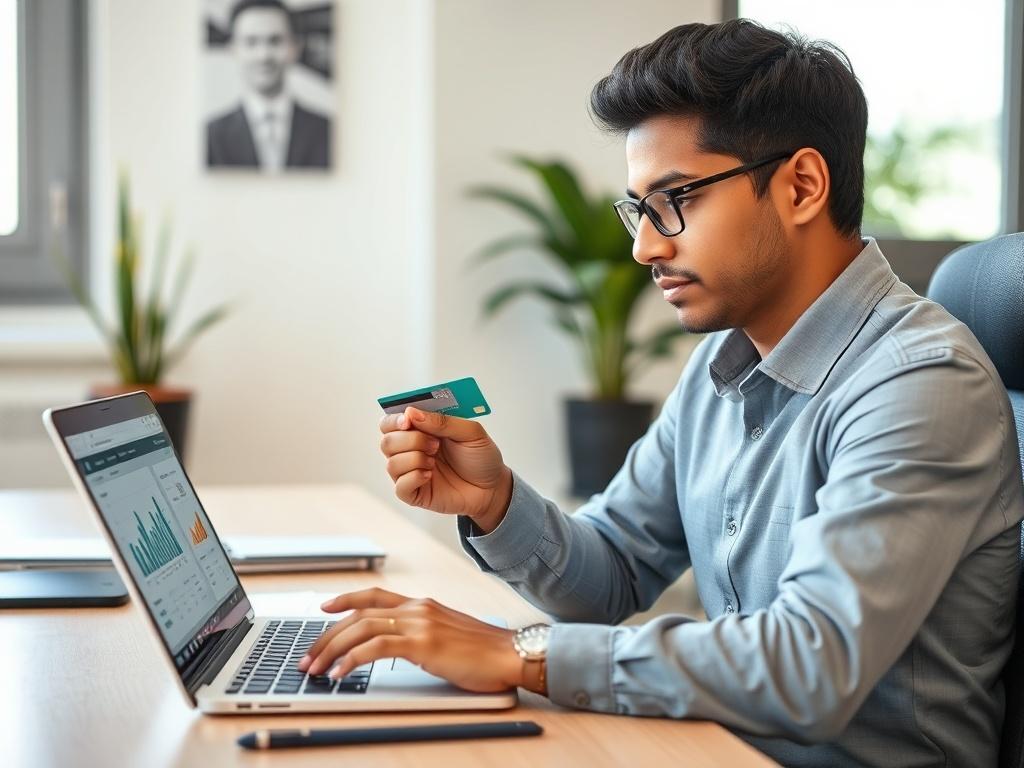 **AI Image Generation Prompt:**

Create a realistic high-resolution photo that visually represents the blog titled "Maximizing Benefits: Using Spot Cash on Your Credit Card Wisely." 

**Composition:** 
Focus on a single subject - a confident, professional-looking individual in a modern office setting. They should be seated at a well-organized desk with a laptop open in front of them, displaying financial graphs or a budgeting spreadsheet. 

**Subject Matter:**
The individual should be a South Asian man or w