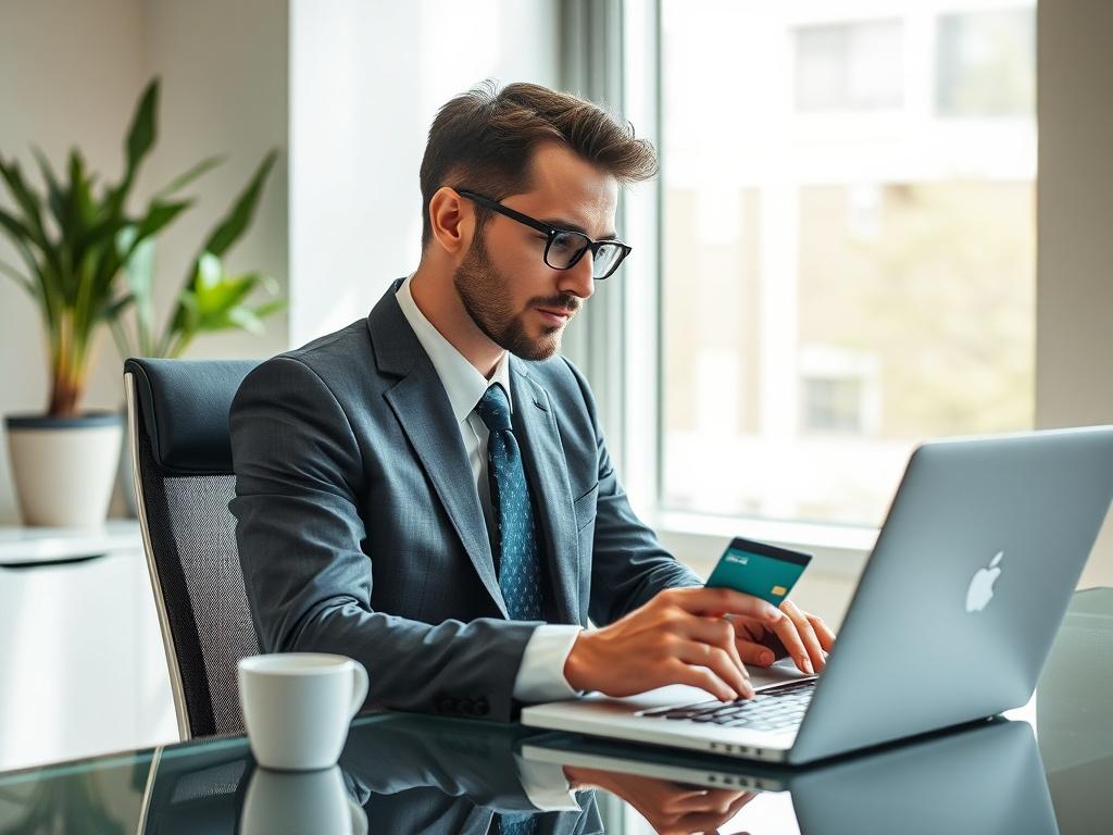 **AI Image Generation Prompt:**

Create a highly realistic high-resolution image that captures the theme of financial flexibility through leveraging cash against a credit card. The composition should feature a single subject: a confident person in business attire, sitting at a sleek, modern desk. The individual should be engaged in a thoughtful moment, looking at a credit card and a laptop, symbolizing the connection between their credit card and financial freedom.

The background should convey a profession