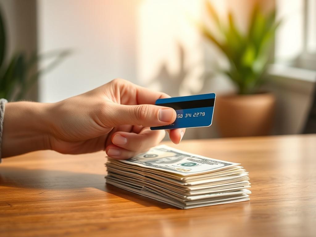 **AI Image Generation Prompt:**

Create a realistic high-resolution photo depicting the concept of cash against a credit card. The image should focus on a single subject: a credit card being held in one hand with a stack of crisp cash resting on the table beside it. The hand should be well-defined, showcasing a sense of assurance and purpose. 

The background should be minimalistic and softly blurred to emphasize the subjects, with warm, natural lighting to create an inviting atmosphere. The colors should c