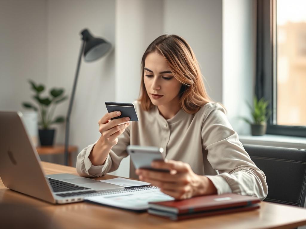 **AI Image Generation Prompt:**

Create a realistic high-resolution photo that captures the essence of the blog titled "The Pros and Cons of Using Spot Cash on Your Credit Card." The image should feature a single subject: a person (female or male) sitting at a modern, well-lit desk, intently studying a credit card in one hand while examining a mobile phone or financial document in the other. The individual should have a thoughtful expression, reflecting the critical decision-making process involved in utili