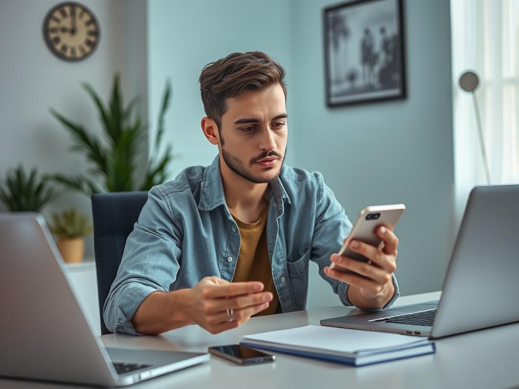 **AI Image Generation Prompt:**

Create a highly detailed, realistic high-resolution photo that encapsulates the essence of financial savvy consumers engaging with the concept of cash against credit cards. The composition should feature a single subject—a confident, young adult (age 25-35) sitting at a sleek, modern desk, deeply focused as they examine a credit card and a smartphone in their hands. 

The background should be a subtly designed, well-lit home office setting that conveys a professional yet app