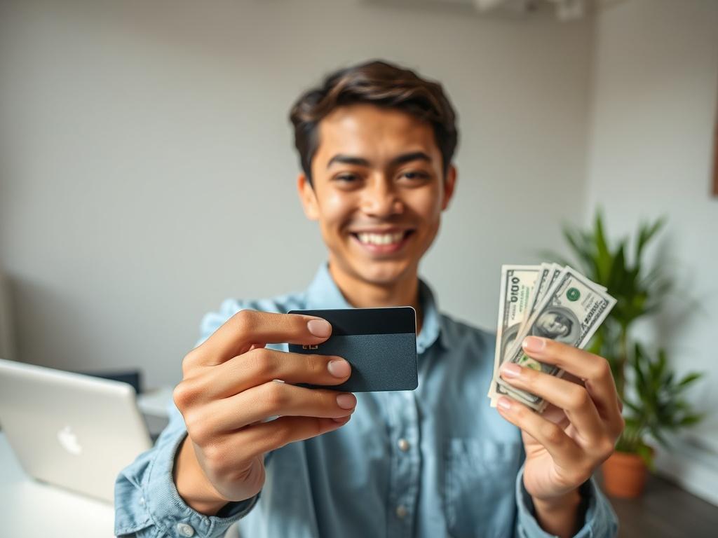 **AI Image Generation Prompt:**

Create a realistic high-resolution photo for a blog titled "Unlocking the Benefits of Cash Advances on Your Credit Card." The composition should be simple and clear, featuring a single subject: a confident young professional holding a credit card in one hand and a handful of cash in the other. The subject should have a friendly and approachable expression, symbolizing the ease and accessibility of cash advances.

Set the scene in a modern, well-lit office environment. The ba