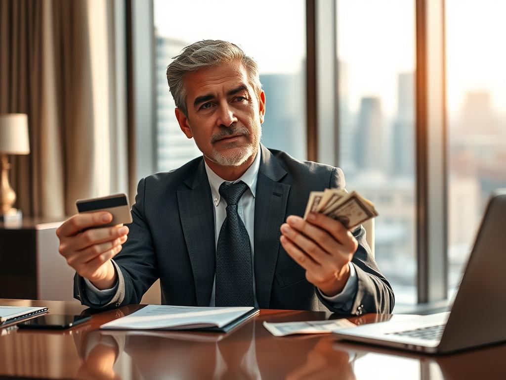 **AI Image Generation Prompt:**

Create a realistic high-resolution photograph that embodies the theme of "Instant Cash on Credit Cards: Evaluating the Risks and Rewards for Responsible Borrowing." Focus on a single subject: a well-dressed individual, a middle-aged man with a thoughtful expression, sitting at a modern desk in an elegant office setting. 

He should be holding a credit card in one hand and a stack of cash in the other, symbolizing the transaction between credit and cash. The background should