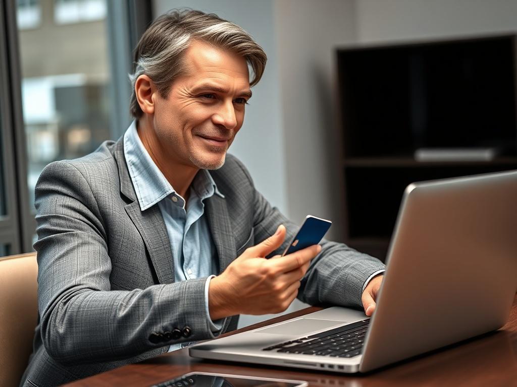 **AI Image Generation Prompt:**

Create a realistic high-resolution close-up photograph that captures the essence of the blog titled "Navigating the Pros and Cons of Credit Card Swipe for Cash: What Consumers Should Know." 

**Composition:** 
The image should feature a single subject—a confident and professional-looking individual in their late 30s, sitting at a modern desk with a sleek laptop open in front of them. The individual should be focused on the screen, with a slight smile as they engage with the 