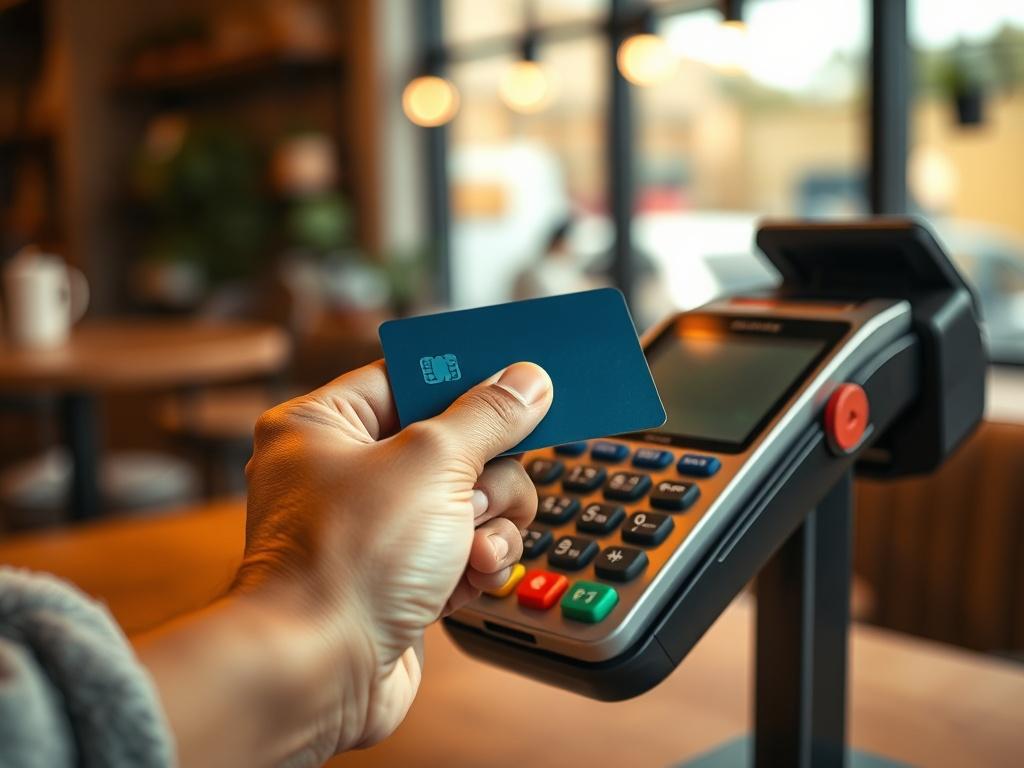 **Prompt for AI Image Generation:**

Create a hyper-realistic high-resolution photo that visually represents the blog titled "The Pros and Cons of Credit Card Swipe for Cash Transactions." The composition should focus solely on a single subject: a hand holding a credit card in front of a payment terminal that is lit softly to highlight the focus on the transaction. 

The hand should be depicted in a realistic skin tone and have a natural, relaxed grip on the credit card, showcasing an expression of contempl