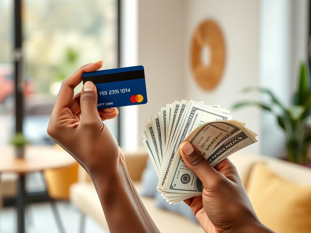 **AI Image Generation Prompt:**

Create a realistic high-resolution photo that embodies the theme of the blog titled "Cash Against Credit Card: A Smart Financial Move or a Risky Gamble?" The composition should feature a close-up shot of a single hand holding a credit card in one hand and a handful of cash in the other hand. The hand should be well-groomed and the skin tone should reflect a diverse range of individuals, symbolizing the inclusivity of financial services. 

The background should be softly blur