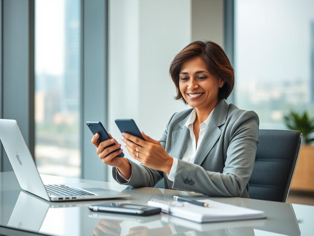 **AI Image Generation Prompt:**

Create a realistic high-resolution image featuring a professional and confident consumer engaging with a smartphone, symbolizing the process of navigating cash against credit card services. The composition should be simple and clear, focusing solely on the subject—a middle-aged South Asian woman dressed in business casual attire, with a friendly expression on her face. 

She should be sitting at a sleek, modern desk in a well-lit room, surrounded by subtle elements that sugg