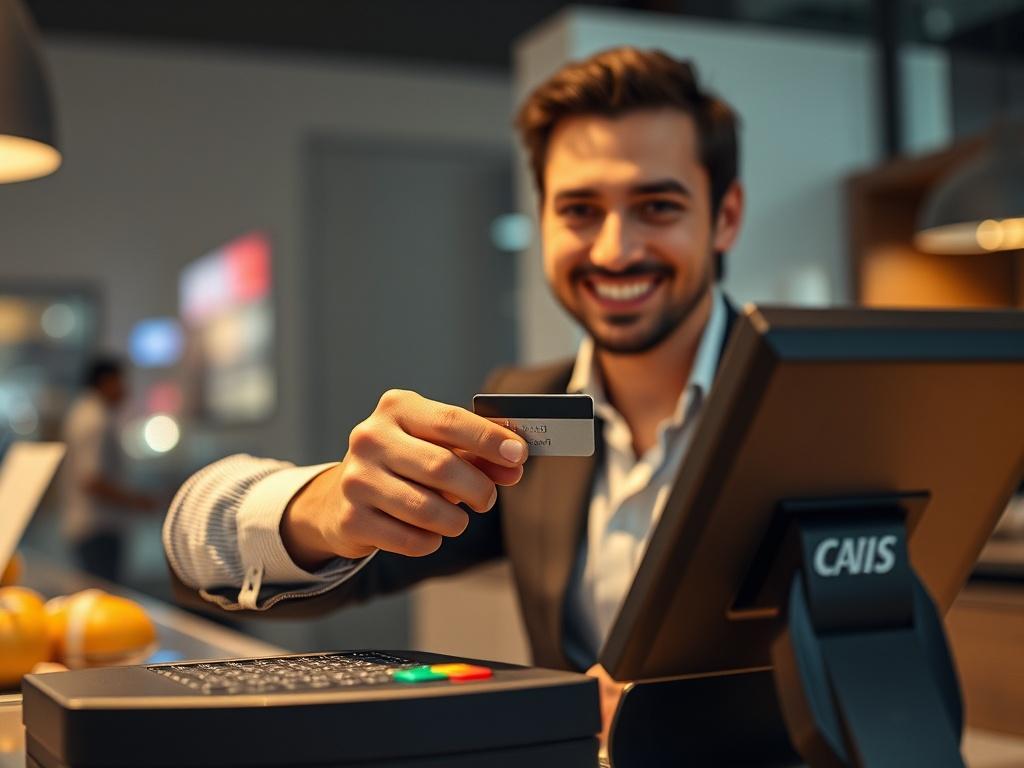 **AI Image Generation Prompt:**

Create a highly realistic high-resolution image depicting a confident individual swiping a credit card at a modern cash register or point-of-sale terminal. The subject, a male or female in business casual attire, should display a look of satisfaction and empowerment as they complete the transaction. 

The background should be minimalistic, featuring soft, neutral colors to emphasize the subject, with any hint of a bustling urban environment blurred to suggest a sense of move