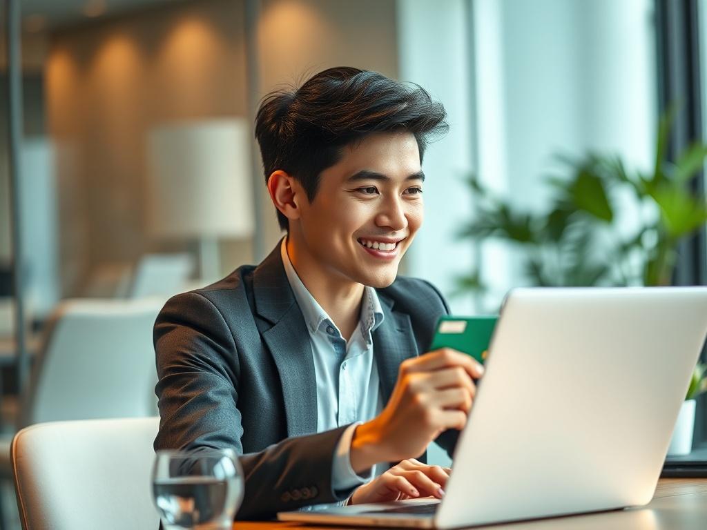 **Prompt for AI Image Generation:**

Create a realistic high-resolution photo focusing on a single subject: a confident young professional sitting at a modern desk with a sleek laptop and a credit card in hand. The subject should be well-dressed in business casual attire, radiating an expression of focus and satisfaction. 

The background should feature a softly blurred office environment that communicates professionalism and warmth, with subtle hints of greenery, perhaps a small indoor plant, to add life t