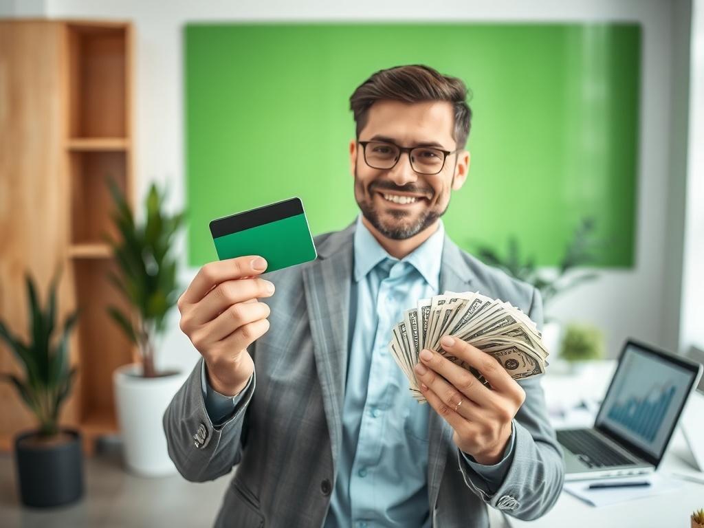 **Prompt for AI Image Generator:**

Create a realistic high-resolution photo that illustrates the theme of cashing in on credit card benefits. The composition should focus on a single, compelling subject: a confident individual in professional attire, standing in a bright and modern office setting. This person should be holding a credit card in one hand and a stack of cash in the other, conveying a sense of success and financial acumen. Their expression should reflect confidence and satisfaction, suggesting