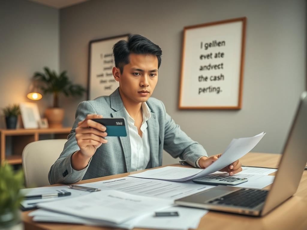 **Prompt for AI Image Generator:**

Create a realistic high-resolution photograph that captures the essence of budgeting and financial management for credit card cash advances. The composition should be simple and clear, focusing on a single subject: a professional-looking person seated at a desk covered with financial documents, a laptop, a calculator, and a credit card in hand. The individual should have an attentive expression, reflecting concentration and responsibility as they analyze their finances.

