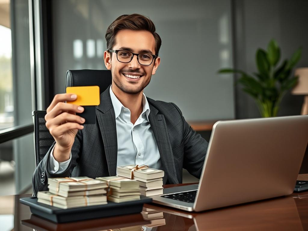 **Prompt for AI Image Generator:**

Create a realistic high-resolution photo that embodies the theme of a blog titled "Navigating Spot Cash on Credit Cards: A Step-by-Step Approach." 

**Composition Details:**
- The composition should be simple and clear, featuring a single subject. 
- The main subject is a professional-looking individual, seated at a stylish desk, confidently holding a credit card in one hand. The person should display an engaging and approachable demeanor, with a slight smile, reflecting 