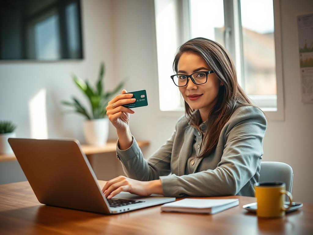 **AI Image Generation Prompt:**

Create a realistic high-resolution photo that represents the blog titled "Instant Cash on Credit Cards: Opportunities and Considerations for Responsible Borrowing" for SK Payvant. The subject should be a focused close-up shot of a person (a young professional in smart-casual attire) sitting at a modern desk, holding a credit card in one hand and confidently looking at a laptop screen with financial graphs. The individual's expression should convey a sense of empowerment and 